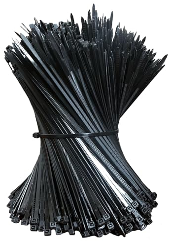 Pack of 500 Black Cable Ties, 200 mm x 4.8 mm Nylon, 22 kg Tensile Strength, UV Resistant, Self-Locking Industrial Zip Ties for Cable Management