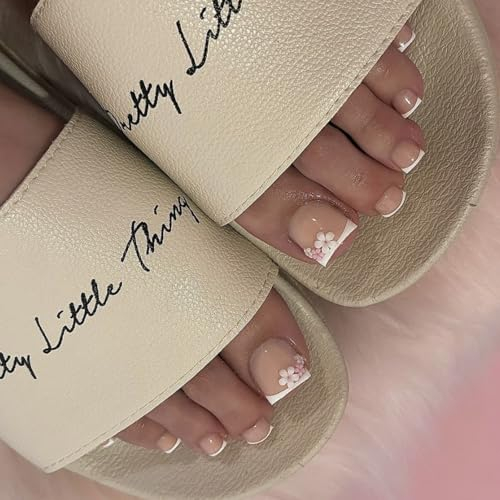 Boloshine 24 Pcs French False Toenails Short, 12 Sizes Glossy Square Fake Toe Nails, Natural Full Cover French False Toenails Tips, Summer Press on Toenails for Women Girls - Flower Stamens