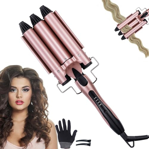 Aischens Rizador de Pelo 3 Barriles de 25mm, Pinzas Rizadoras 3 Tubos con 4 Ajustes de Temperatura, Rizador Pelo Profesional de Cerámica, Tenacillas para Rizar el Pelo Ondas Grandes Ondulador de Pelo