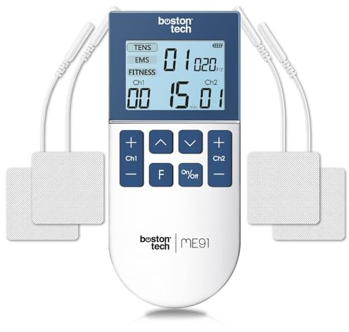 TENS Gerät Schmerztherapie Boston Tech® Muskelstimulator | 3 in 1: TENS EMS Fitness | Effektive Schmerzlinderung + Training | 2 Kanäle + 50 Modi + 16 Intensitätsstufen + Inklusive Etui + 4 Elektroden