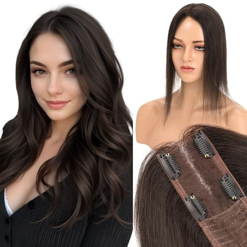 Elailite Hair Topper Donna Clip in Silk Lace Capelli Veri Toupee (Handmade Base 6cm*15cm) Toupet Protesi Extension 25cm 36g #1B Nero Naturale