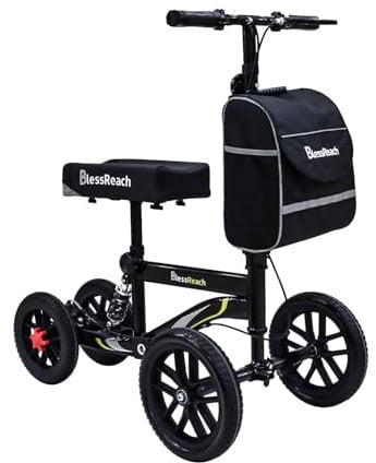 BlessReach All-Terrain lenkbarer Knie-Roller, Krücken-Alternative, Deluxe-medizinischer Roller, Gehhilfe, doppelte Handbremse, für Erwachsene, verletzte Knöchel und Füße, Schwarz