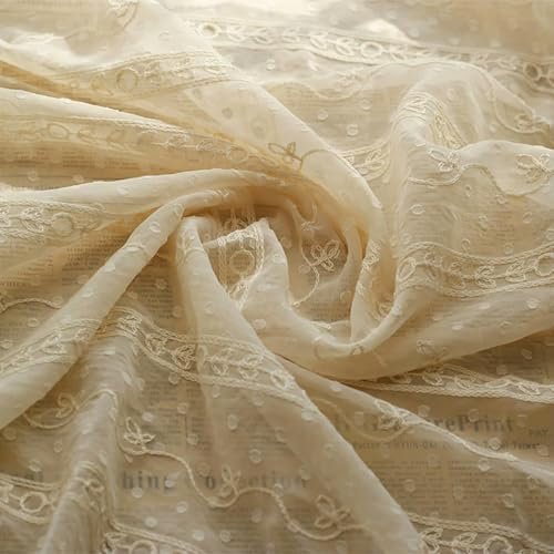 XJSDI Chiffon-Stoff, halbtransparent, mit Blumen und Blättern Bestickt, 150 cm breit, 100 cm lang, beige, Meterware, Chiffon-Stoff zum Herstellen von Kleidern, Schals und Basteln