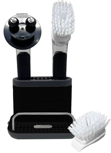 Poignée Souriante Originale avec Distributeur de Savon pour éponges à récurer Daddy et éponges Moji avec Panier Smilyeez Smile Caddy et Brosse à Vaisselle avec 2 brosses à récurer (Noir)