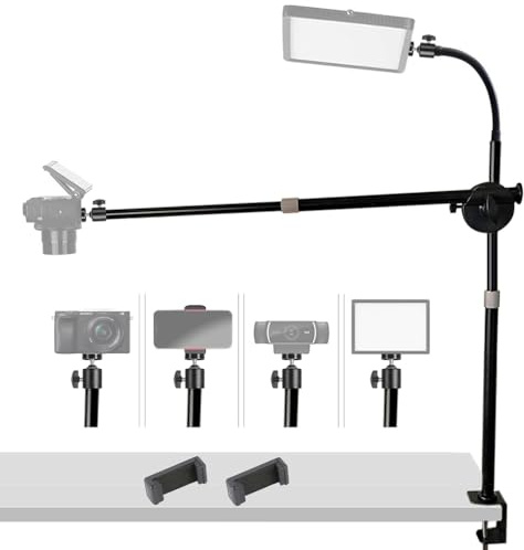 Etubby Camera Desk Mount Table Stand with Overhead Rotatable Extension Arm, Gooseneck Arm, C Clamp, 1/4 Ballhead, Phone Holder for Camera, Phone, Ring Light & Webcam, Live Streaming (Combination)