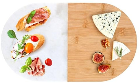 URBNLIVING Plateau de service ovale élégant en marbre et bambou de qualité supérieure, plateau à fromage, assiette à sushi et plateau à gâteau pour une utilisation polyvalente
