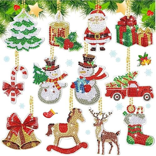 Guidre 12 Set 5D Diamond Painting Weihnachten, Diamond Painting kinder, Weihnachten Diamond Painting Anhänger,Weihnachten Wichtel Painting kit DIY Diamond Painting Schlüsselanhänger