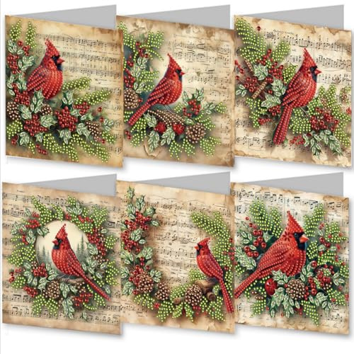 Awesocrafts Lot de 6 cartes de Noël Diamond Art Note de musique oiseau rouge, cartes de peinture diamant 5D avec enveloppes, cartes postales pour cadeau fait main, cadeau de Noël 30 x 15 cm (oiseau)