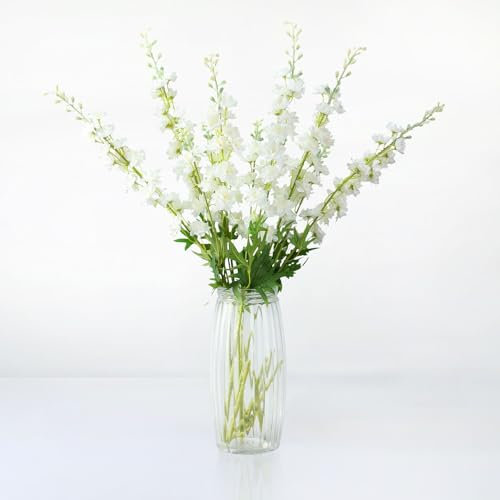 VYZXZAF Künstliche Ritterspornblumen, 83,8 cm langer Stiel, Seidenblume, hoch, künstlicher Rittersporn fühlt sich echt an, für Bodenvasen, Zuhause, Küche, Innenbereich, Hochzeitsdekoration (Weiß, 5