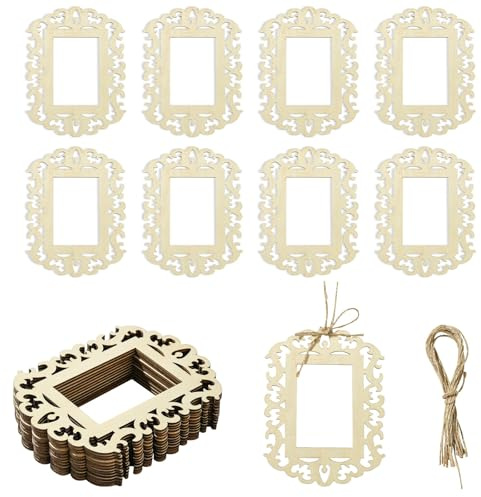 Stiesy Lot de 12 cadres photo en bois à suspendre pour travaux manuels, cadre photo en bois brut avec corde - Ornements en bois vierge à peindre pour la décoration de la maison, les vacances, les