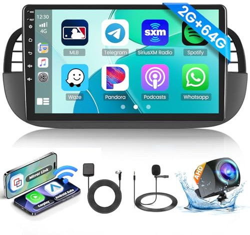 2+64G Android 13 Radio de Coche para Fiat 500 2007-2015 con inalámbrico Carplay Android Auto, 9 Pulgadas Pantalla Táctil con WiFi BT FM/RDS EQ+Cámara Trasera