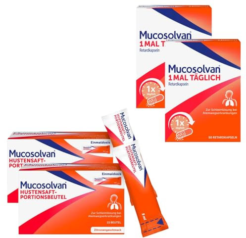 MUCOSOLVAN Hustensaft-Portionsbeutel mit 30mg Ambroxol, 2 x 15x5 ml + 2 x 50 Mucosolvan Retardkapseln– Schnelle Hustenlinderung - Schleimlöser bei Husten – Löst, befreit, schützt