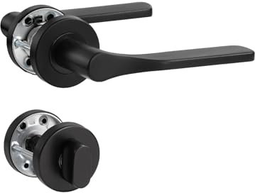 SORWDUERM Poignée de porte noire en acier inoxydable mat - Poignée de porte pour porte d'entrée et porte intérieure - En forme de L - Rosace ronde - Cylindre profilé