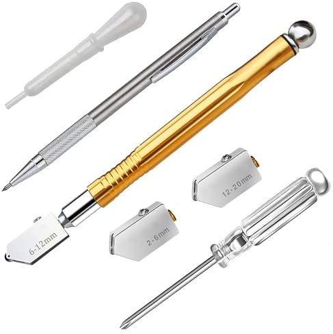 Yuentoen Glasschneider 2-20mm,Professionelles Glasschneider Set,Glasschneide Werkzeug mit 3 Hartmetall Schneidköpfen,Bleistift Stil Öl Feed Hartmetallspitze für Glas Fliesen Spiegel Mosaik Schneiden