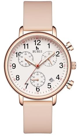 BUREI Damen Analog Quarz Armbanduhr，Krankenschwester-Uhren, Silikon-Komfortuhren，wasserdicht，Nachtlicht，Stoppuhr multifunktionale Zeituhren (Rosa)