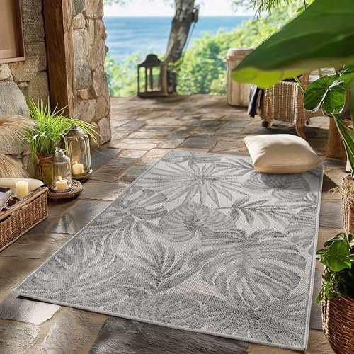 SIMPEX Outdoor Teppich Wetterfest Grau 80x250 cm Läufer, UV-beständig, ideal für Küche, Balkon, Terrasse auch Wohnzimmer und Esszimmer, Palmblätter-Design, Pfelgeleicht