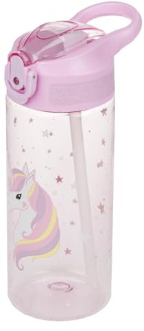 Baagl Kinder Trinkflasche mit Strohhalm für Mädchen - Auslaufsicher Wasserflasche - Schule und Sport Fussball Flasche - Tritan Getränkeflasche Schultrinkflasche, 500 ml (Regenbogen Einhorn)