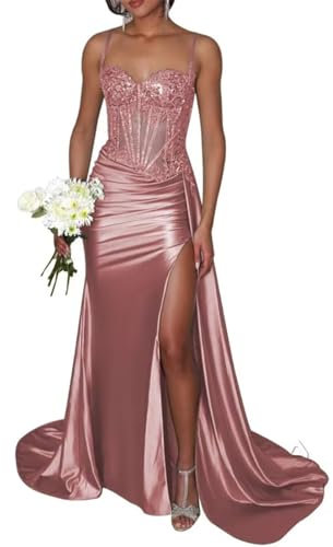 SAYNO Robes de cérémonie à col en V plissées pour invités de mariage, robes de vacances sans bretelles, vieux rose, 38