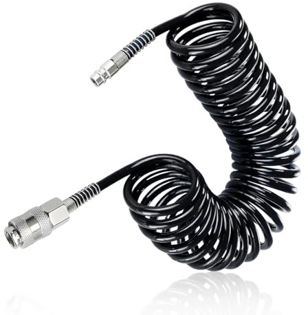 TIANLIN Spiralschlauch Druckluft, 9 m Langes Spirale Luftschlauch Kompressor, Schwarzer PU-Kompressorschlauch, Durchmesser 6 x 4 mm, mit Schnellkupplung, für Luftkompressoren und Aufblasgeräte
