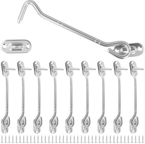 SINJEUN 10 Stück Sturmhaken Edelstahl mit Schrauben, 150 x 33mm Silber Sturmhaken mit öse für Fenster, Türen