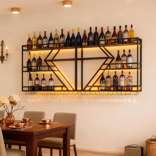 KEPMOGOH Botellero de Pared con portavasos, botellero Vino, Hierro, Soporte Flotante para exhibición de Vino, para el hogar, Restaurante, Bares, vinoteca(Sin luz) (Negro, 3 Niveles, 200 cm)