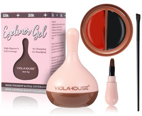 VIOLA HOUSE Schwarzer Eyeliner Gel, Wasserfest, Wischfest, Nass und Trocken Verwendbar, Vielseitig Einsetzbar als Brauengel, Mit Eyeliner-Pinsel Für Alle Makeup Anwendungen, 8g (Black Red)