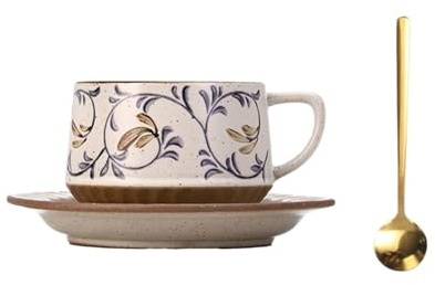 DTACBNEUZ Coffee Mug Coffee/Tea Cup Set Vintage Ceramic with Saucer and Spoon with Plant Pattern 300ml