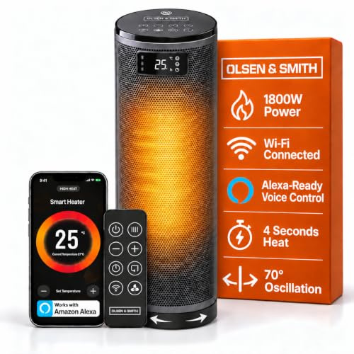 Olsen & Smith 1800W Smart Ceramic Heater Oscillating Wi-Fi/App/Voice Control, Small Compact Energy Efficient Tabletop Plug In Electric Portable Fan Room Space Heater with Thermostat, Fast Heating