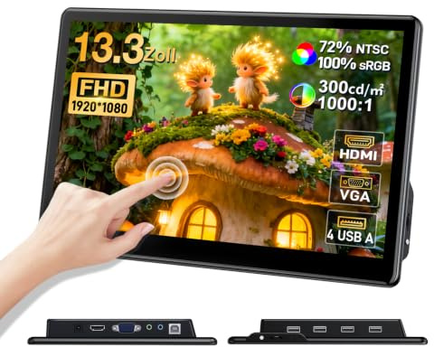 Ueplain 13,3 Zoll Tragbarer Touchscreen Monitor mit HDMI VGA Ports, 1920×1080 FHD Portable Touch Screen Display Kompatibel Für Laptops PC PS5/4, Industrie, Kleiner Bildschirmverlängerer