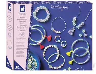 Janod – 11 Leuchtender Schmuck zum Selbermachen – 8 Armbänder + 2 Ringe + 1 Halskette + 500 Rocaille-Perlen – Leuchtet in der Nacht – Kreatives Bastelset für Kinder – Ab 6 Jahren