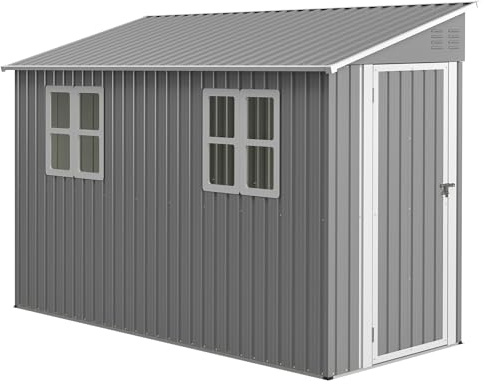 Covigorus 4x10 Fuß (ca. 1,2x3 m) Metall Anlehn-Gartenhaus mit Boden-Kit, abschließbarer Tür & 2 Fenstern, Schwerlast-Geräteschuppen aus verzinktem Stahl, 291x110,8x188,6 cm, Grau