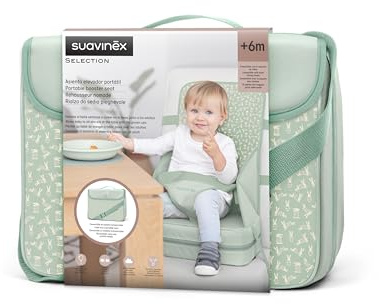 Suavinex, Trona Portátil para Bebés +6 Meses, Convertible en Bolso, Verde | Alzador de Silla para Comer, Asiento Elevador Universal, Fácil de Limpiar, Ligero, con Arnés, Cómodo, Blandito y con Respaldo