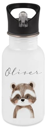 Manufaktur Liebevoll Personalisierte Kinder Trinkflasche aus Edelstahl mit Name und Tiermotiv, mit Strohhalm, in 400 ml, 500 ml oder 600 ml, für Kita, Schule und Ausflüge (Waschbär, 400 ml)