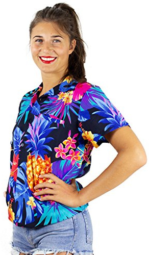 King Kameha Funky-Hawaii-Bluse-Hemd, Damen, Kurzarm, Pineapple, Schwarz-Blau, S