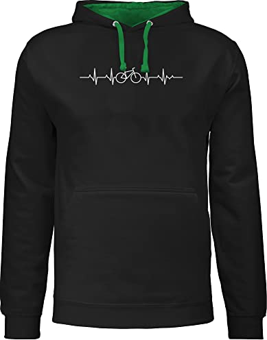 Pullover Herren Frauen Hoodie Kontrast zweifarbig - Fahrzeuge - Herzschlag Fahrrad I Rad Geschenke Mountainbiker Geschenk I Fahrradfahrer I - L - Schwarz/Grün - radfahren hoody männertagsgeschenke