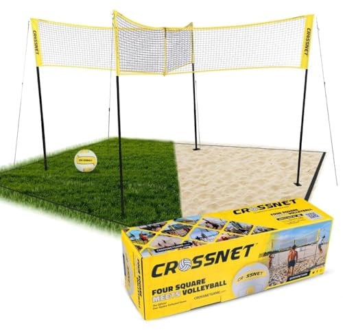 CROSSNET Vier-Quadrat-Volleyballnetz und Spielset - Volleyballsets für Strand und Garten - Gartenspiele für Kinder und Erwachsene - Inklusive Tragerucksack und Ball