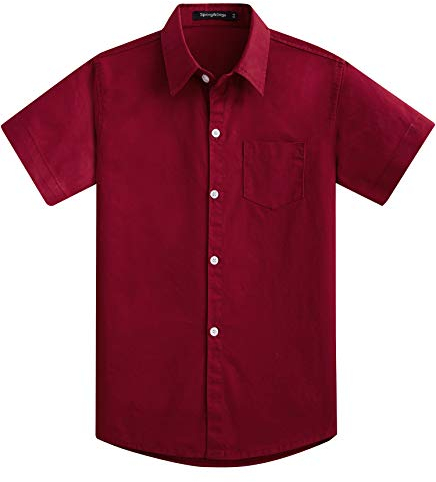 Spring&Gege Jungen Kurzarm Einfarbig Formale Baumwoll Hemden Klassisch Schuluniform Shirts für Kinder, Weinrot, 11-12 Jahre