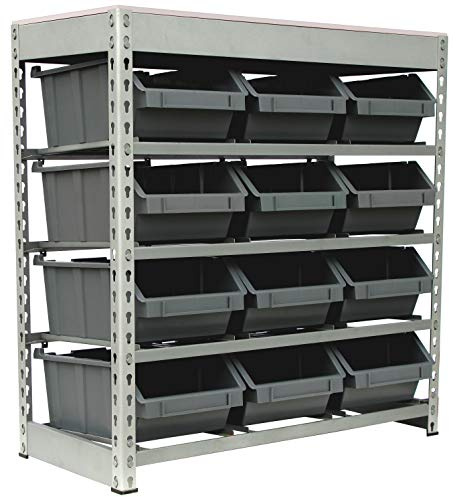 King's Rack Bin Rack Boltless Steel Storage System Organizer w/ 12 Plastic Bins in 4 Tiers