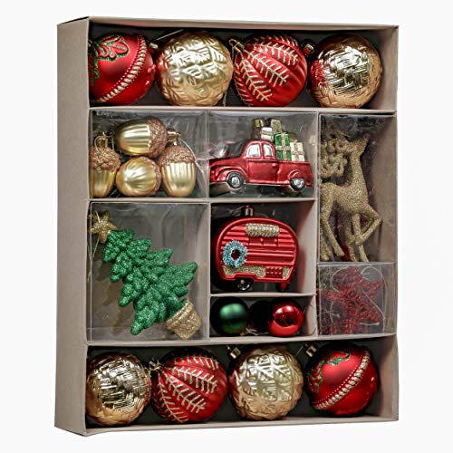 Valery Madelyn 60 Karat traditionelle bruchsichere Weihnachtskugel-Ornamente, Dekoration, rot, grün und Gold, 4-18 cm, thematisiert mit Baumrock (Nicht im Lieferumfang enthalten)