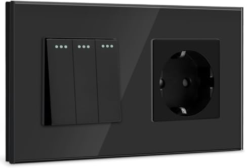 BSEED Lichtschalter mit Steckdose 3 Fach 1 Weg,10A Kristall Glas Platte Wandschalter mit 16A Schuko Steckdose Schwarz,Physische Unterputz Wandschalter mit Steckdose- 157mm