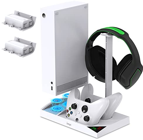 FASTSNAIL Vertikaler Ständer kompatibel mit Xbox Series S, Lüfter Kühler Kompatibel mit Xbox Series S Konsole mit Controller Ladestation, 2 x 1400mAh Akkus und Headset Ständer(weiß)