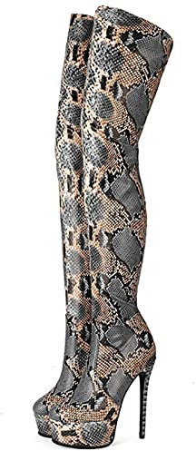 Stivali da Donna Sexy in Pelle di Serpente sopra Gli Stivali al Ginocchio 15CM Tacco Alto a Spillo Punta a Punta Slip on Stivali Alti alla Coscia Elasticizzati Taglia 34-45,Serpentine,37 EU