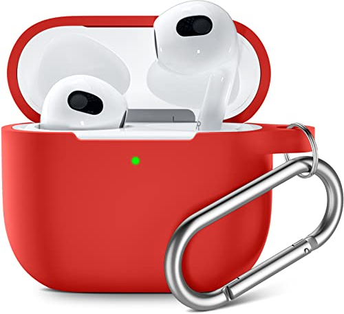 Upeak Compatible with AirPods 3rd Generation Case 2021, Fully Wrapped Silicone Protective Case Cover Shock Absorption for Apple AirPods 3 Case, With Keychain, Red