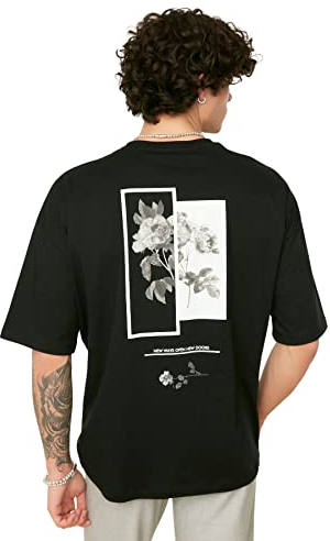 Trendyol Men's Herrenübergroße Rundkragen gedruckt Kurzarm T-Shirt, Black, Small