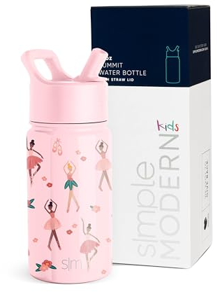 Simple Modern Trinkflasche Kinder mit Strohhalm | Sport Isolierte Edelstahl-Kindertrinkflasche für Kleinkinder Jungen und Mädchen | Summit | 415ml | Pink Ballerina