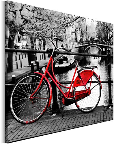 REVOLIO 75x50 cm Leinwandbild Wandbilder Wohnzimmer Modern Kunstdruck Design Wanddekoration Deko Bild auf Leinwand Bilder 1 Teilig - Amsterdam Fahrrad Brücke rot schwarz-weiss