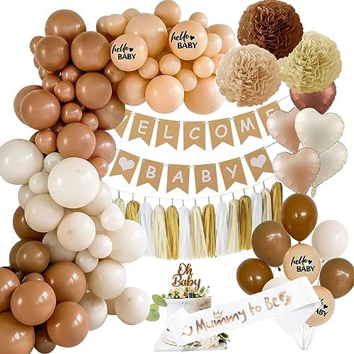 Babyparty Deko Neutral, Boho Beige Baby Shower Dekorationen Oh Baby Deko Neutral mit Mummy to be Schärpe, Baby Shower Banner, Oh Baby Cake Topper Balloons, Babyshower deko Gender Reveal Deko