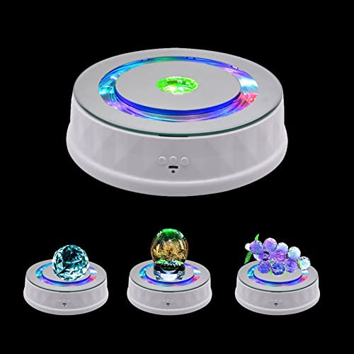 Electric Rotating Turntable for Photography, 23cm LED Colorful Light 360 Degree Rotating Motorized Turntable Display Stand for Cup Crystal Glass Spherical Jewelry Display (White)