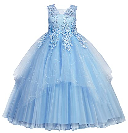 LOLANTA Mädchen Prinzessin Kleid Weiß, Festlich Hochzeit Kommunion Blumensmädchenkleid, Festzug Party A-Linien Bodenlanges Ballkleider aus Satin und Tüllkleid, 8-9 Jahre, Blau, 140