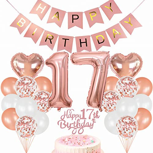 Conruich Geburtstagsdeko 17 Jahre Mädchen, Luftballon 17. Geburtstag Deko, Rosegold Tortendeko Geburtstag 17. Mädchen, Ballon 17 Geburtstag Mädchen, Happy Birthday Banner Deko 17 Geburtstag Mädchen
